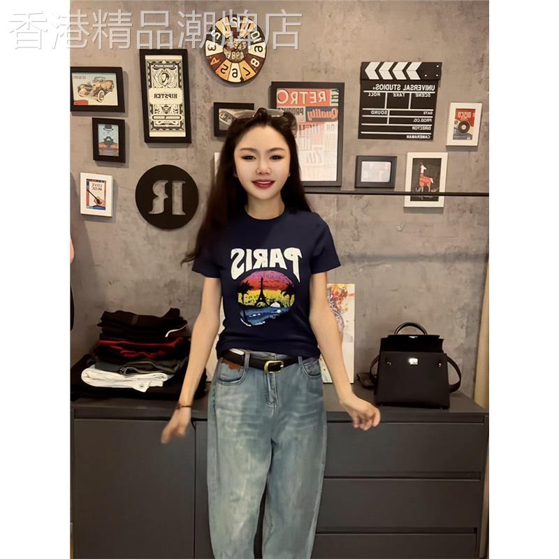 韩国美式复古印花短袖t恤夏季女装2026新款设计感百搭正肩上衣女