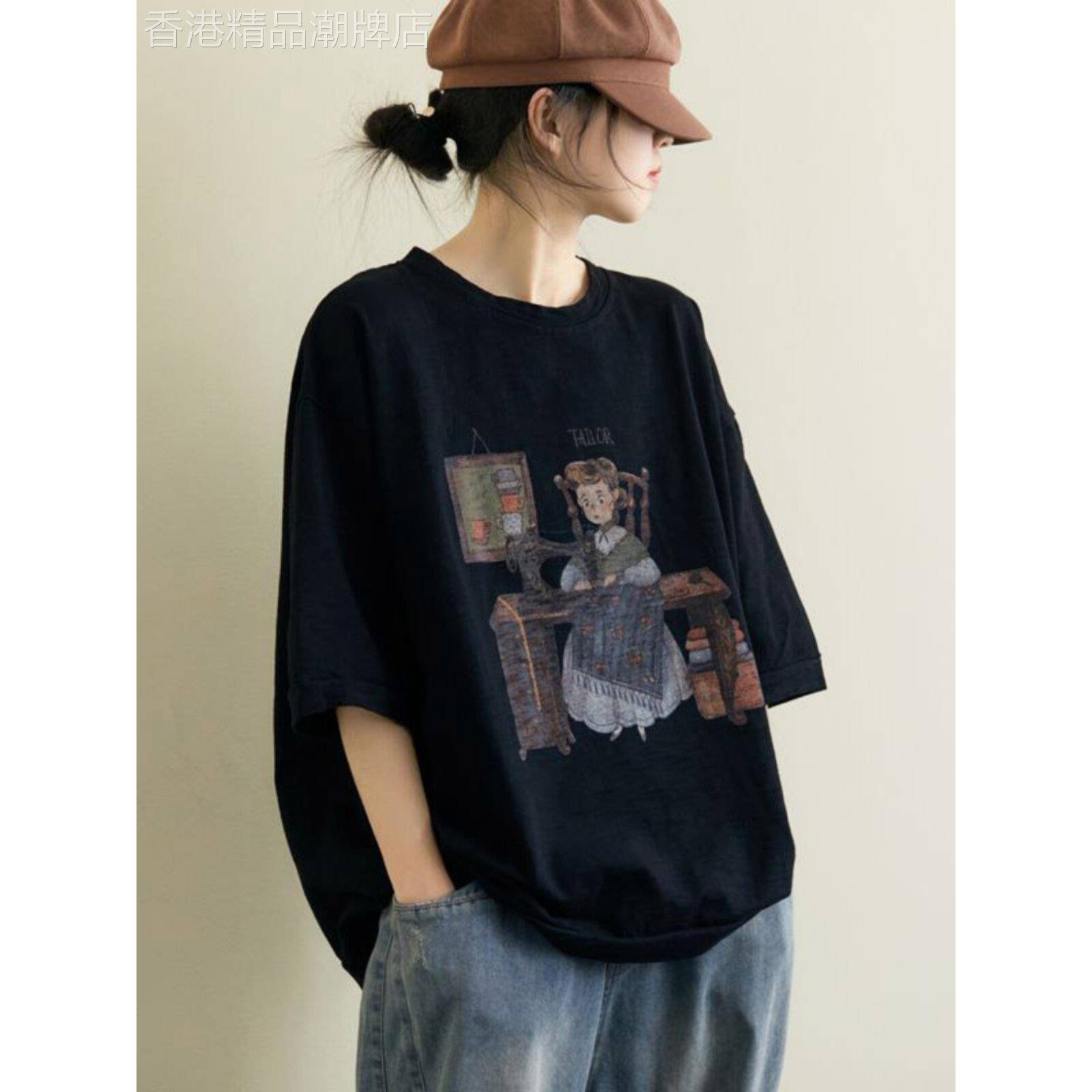黑色印花短袖女式t恤2025夏季文学覆古宽松休闲大尺寸三分之袖t恤