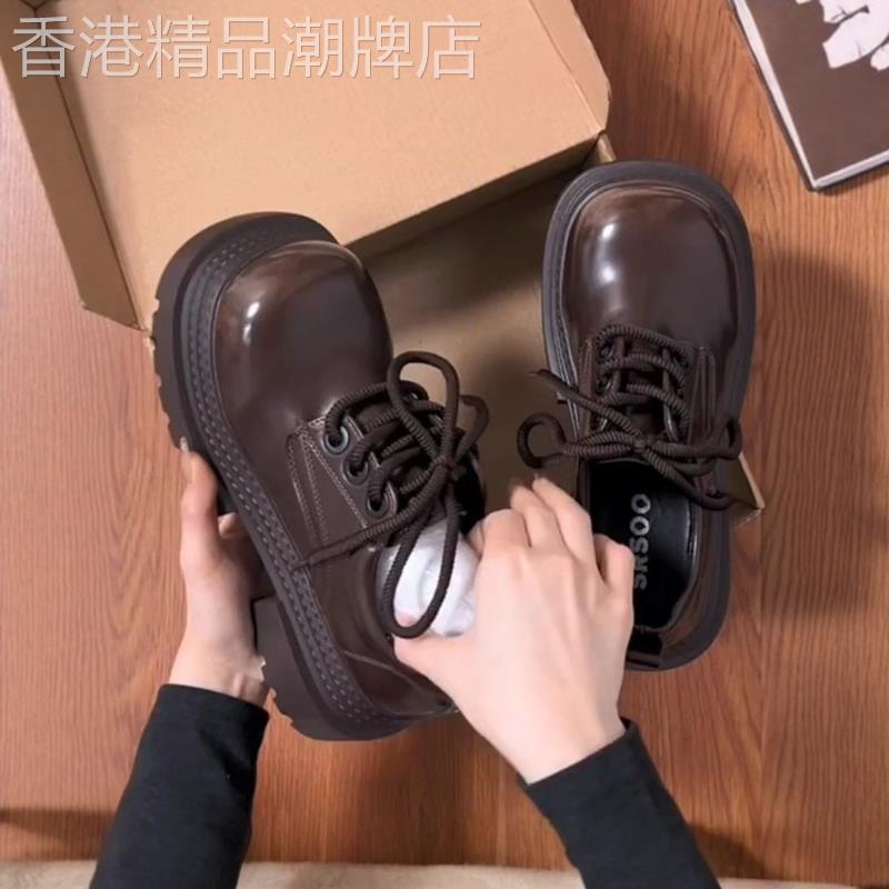 香港真皮系带棕色厚底防滑单鞋秋季新款百搭圆头粗跟英伦风小皮鞋