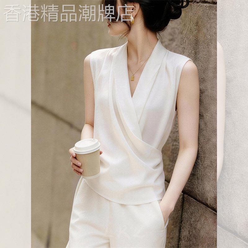 法式知性优雅风V领交叉无袖衬衫女夏季新款薄款修身显瘦通勤上衣
