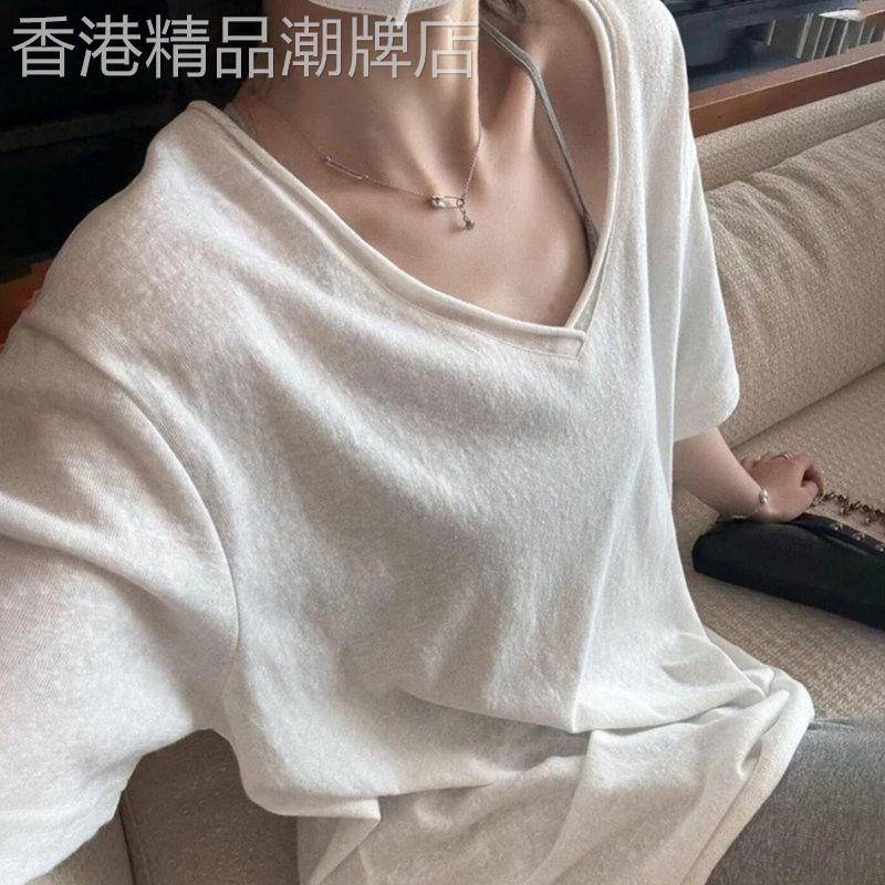 白色短袖T恤女夏季薄款2026新款韩版宽松显瘦慵懒休闲百搭V领上衣