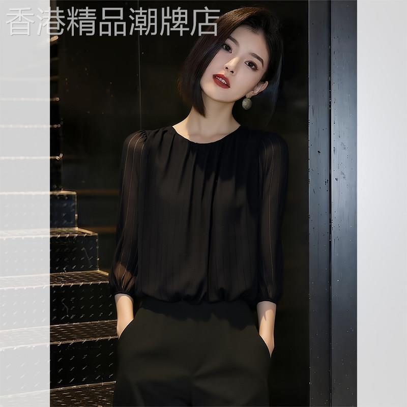 法式黑色七分袖雪纺衫女夏季新款百搭显瘦减龄圆领气质高级感上衣
