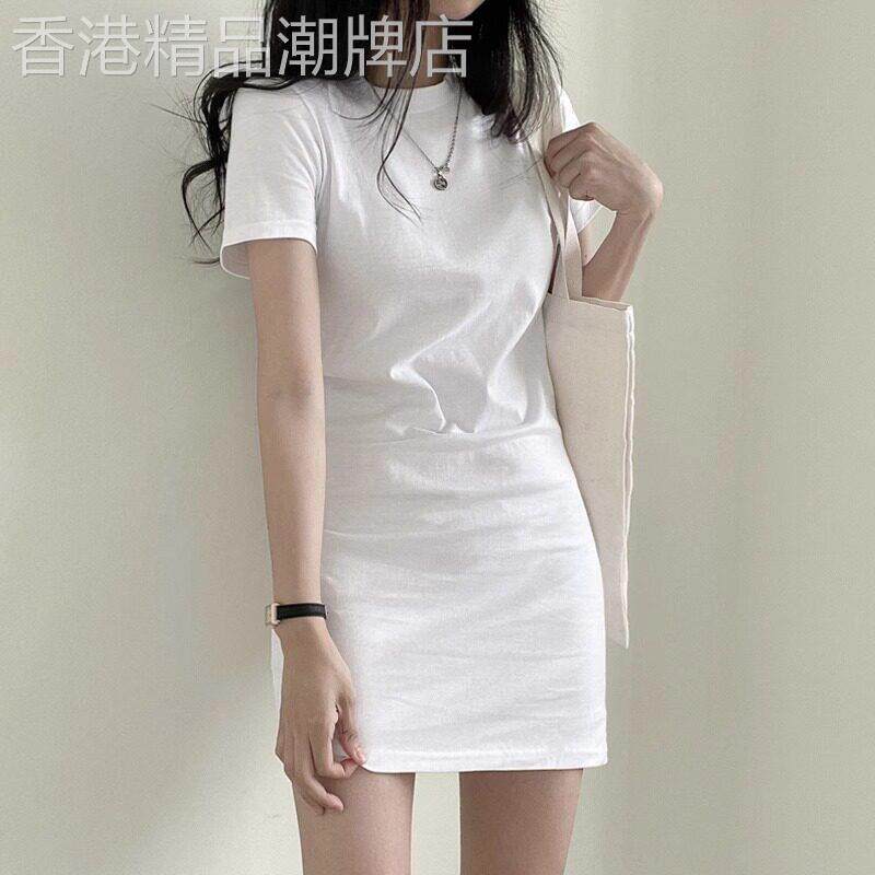 潮牌圆领短袖t恤连衣裙女2026夏季新款修身显瘦中长款百搭打底裙