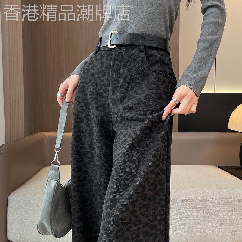 加绒豹纹毛呢阔腿裤女秋冬2025新款爆款今年流行加厚休闲直筒长裤