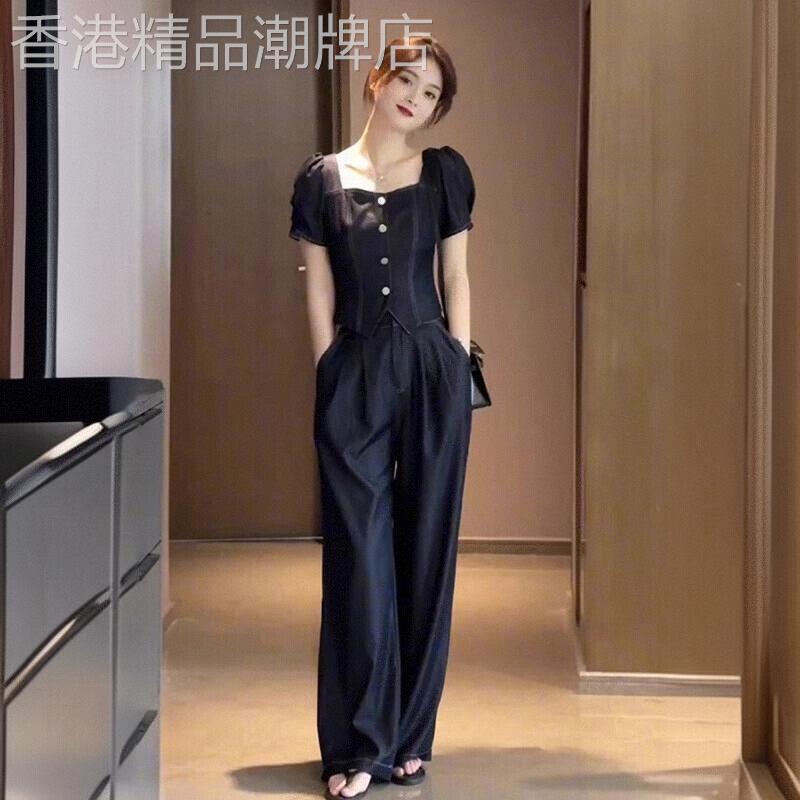 2025夏季新品时尚气质冰丝牛仔t恤上衣高腰天丝直筒裤休闲套装女