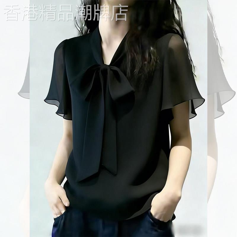轻奢黑色蝴蝶结V领短袖衬衫女时尚通勤风显瘦百搭优雅夏季上衣潮