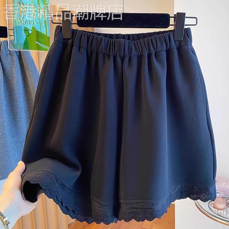 a字版阔腿裤女士夏季大尺码女装300斤黑色蕾丝花边拼接设计感短裤