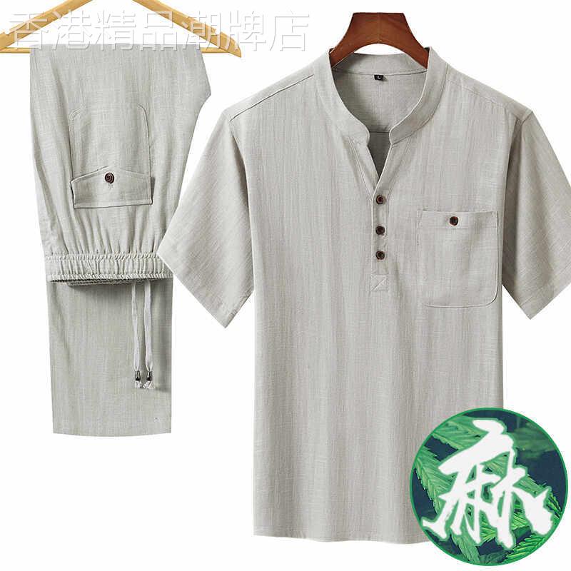 中国风纯亚麻套装男爸爸夏装禅意唐装短袖t恤茶艺复古汉服两件套