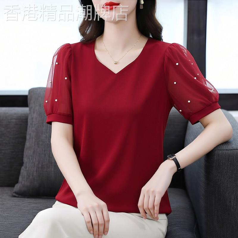 2026夏装纯棉短袖T恤女宽松洋派雪纺拼接袖女装时尚桃心领T恤衫
