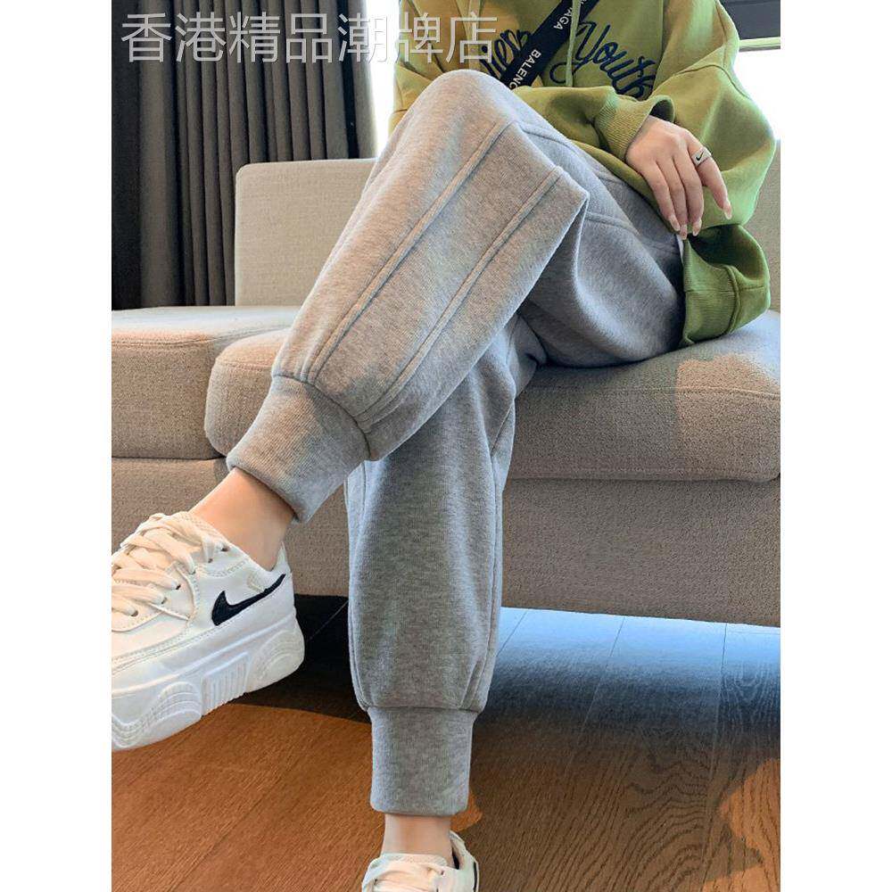灰色运动裤女加绒春秋冬2025新款外穿小个子卫裤宽松束脚九分休闲