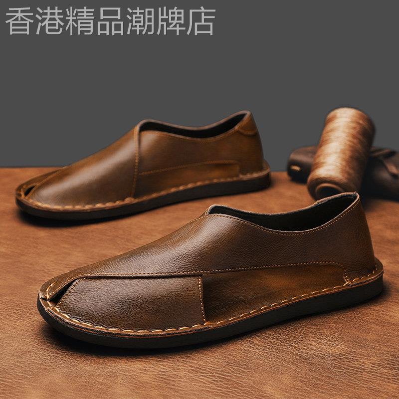 夏季透气外贸大码男士凉鞋复古真皮沙滩鞋一脚蹬时尚手工包头拖鞋