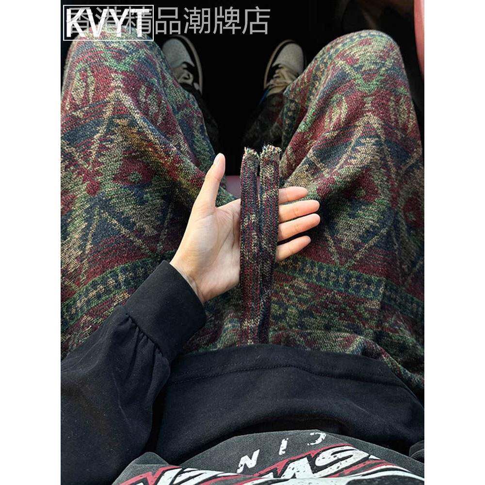 民族风提花中式卫裤男冬季加绒加厚潮牌设计感穿搭休闲长裤子男款