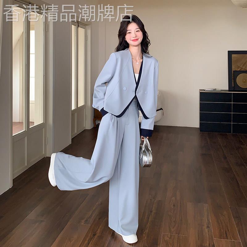 2026春季新款假两件撞色拼接V领西装套装女时尚高腰宽裤两件套
