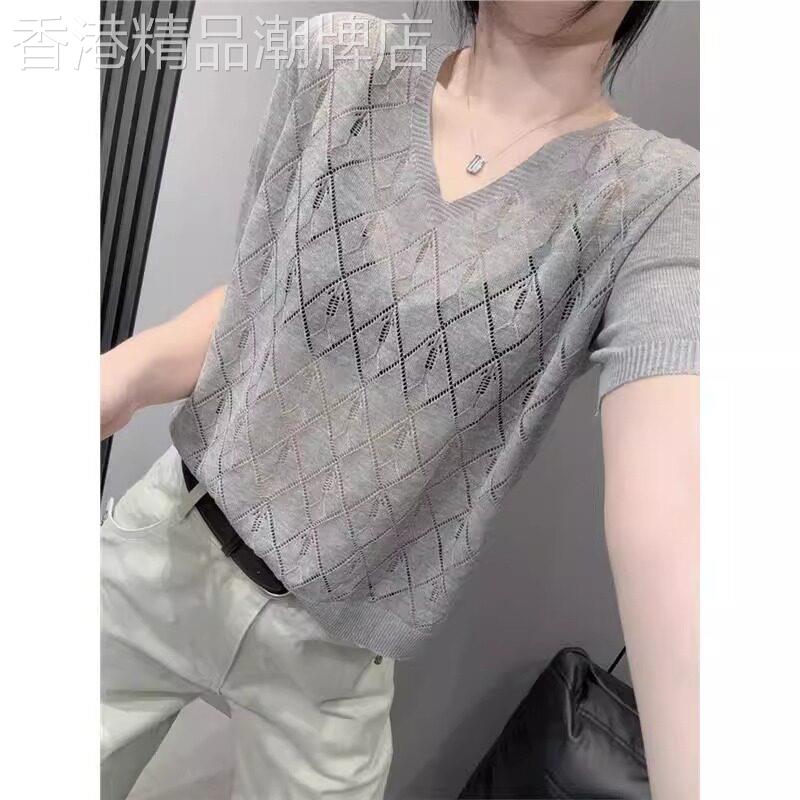 正肩短袖t恤女2026新款夏高端欧货宽松大码胖mm轻薄镂空针织上衣