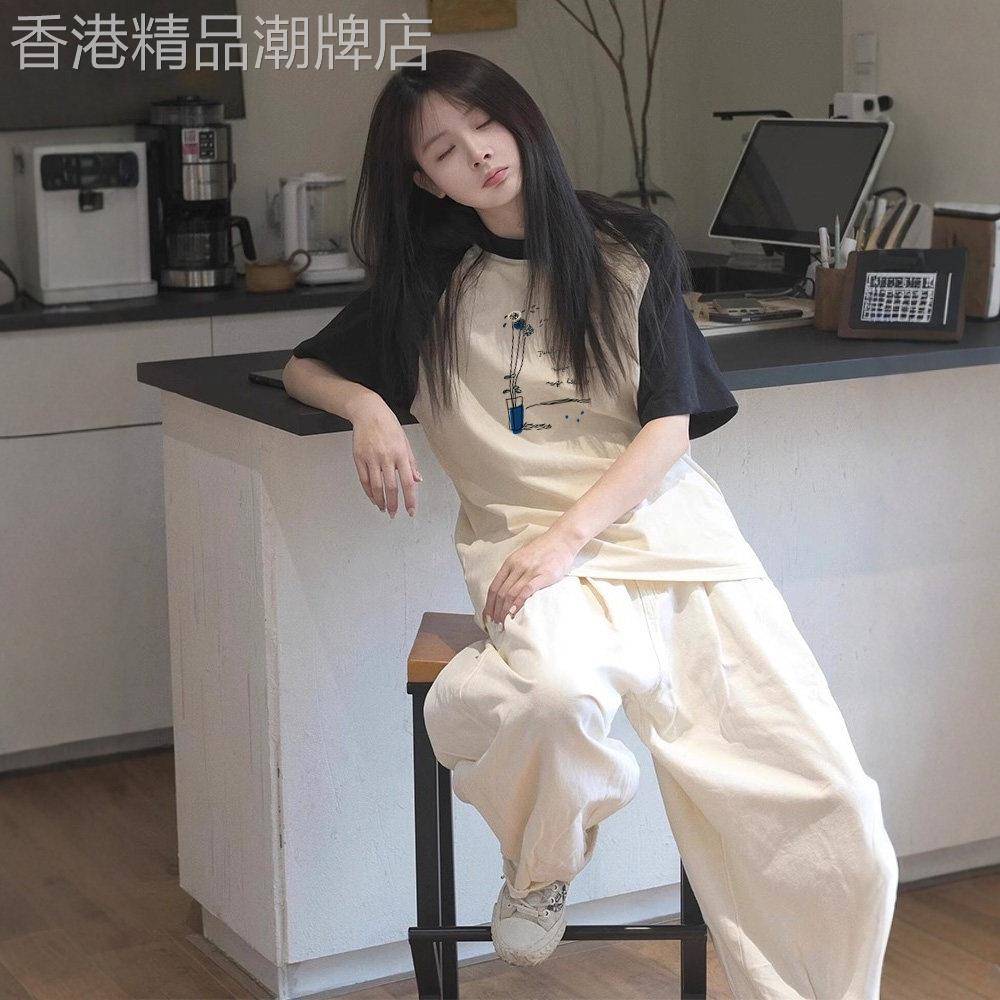 撞色插肩设计感夏季纯棉短袖T恤女美式复古学院风宽松圆领上衣潮