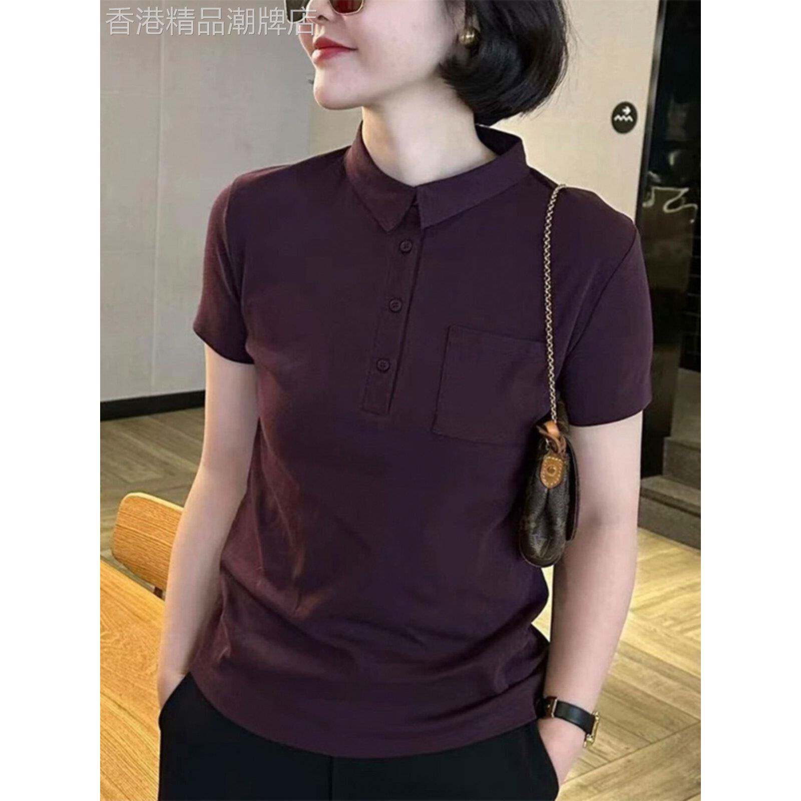 polo领女t恤短袖夏季薄款修身显瘦洋气纯色体恤百搭大码翻领上衣