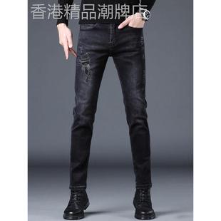 欧洲春季和秋季牛仔裤男士时尚品牌热钻石印花弹性修身适合小脚弹