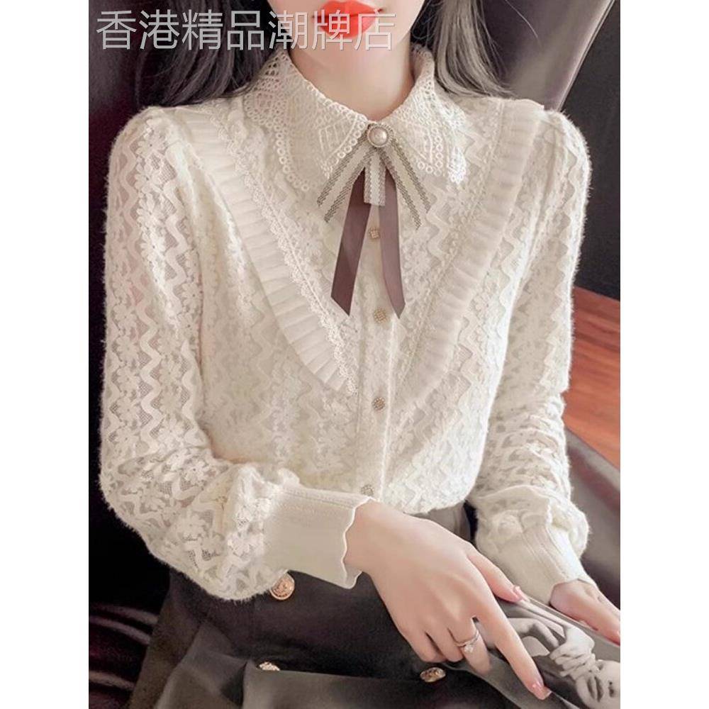 潮牌2525蕾丝打底衫女秋装新款洋气娃娃领长袖衬衫宽松气质女上衣