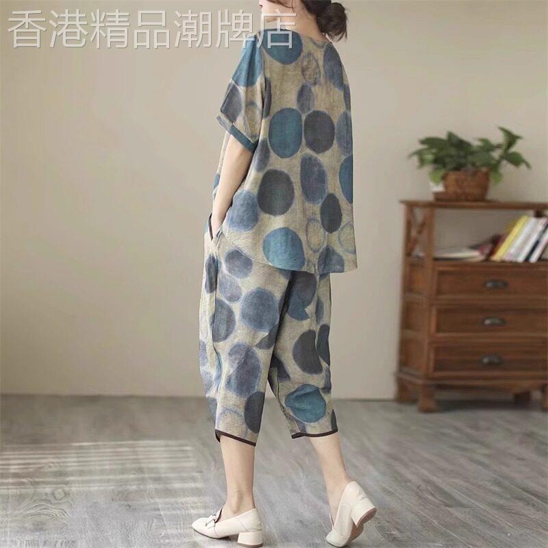 潮牌复古宽松大码七分哈伦阔腿裤休闲亚麻印花上衣两件套装女夏季