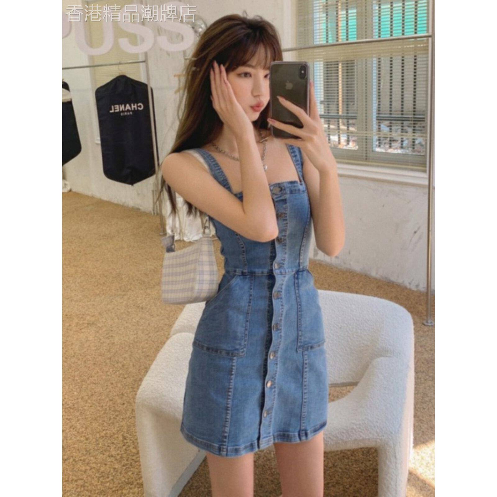 韩国复古牛仔抱婴袋洋装女夏季新款收腰显瘦吊带裙法式包臀短裙子