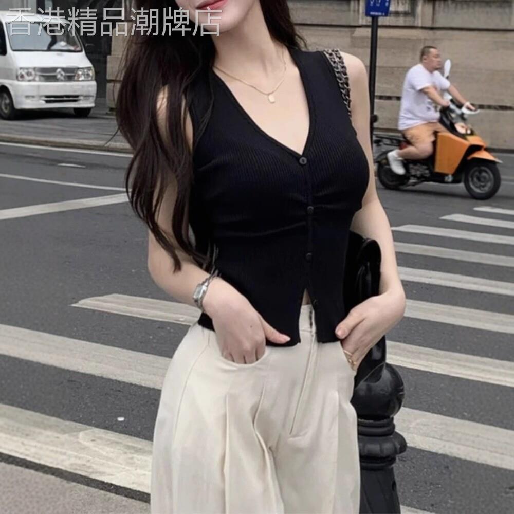 日系高级感V领冰丝针织吊带背心女夏季设计感修身短款无袖T恤上衣