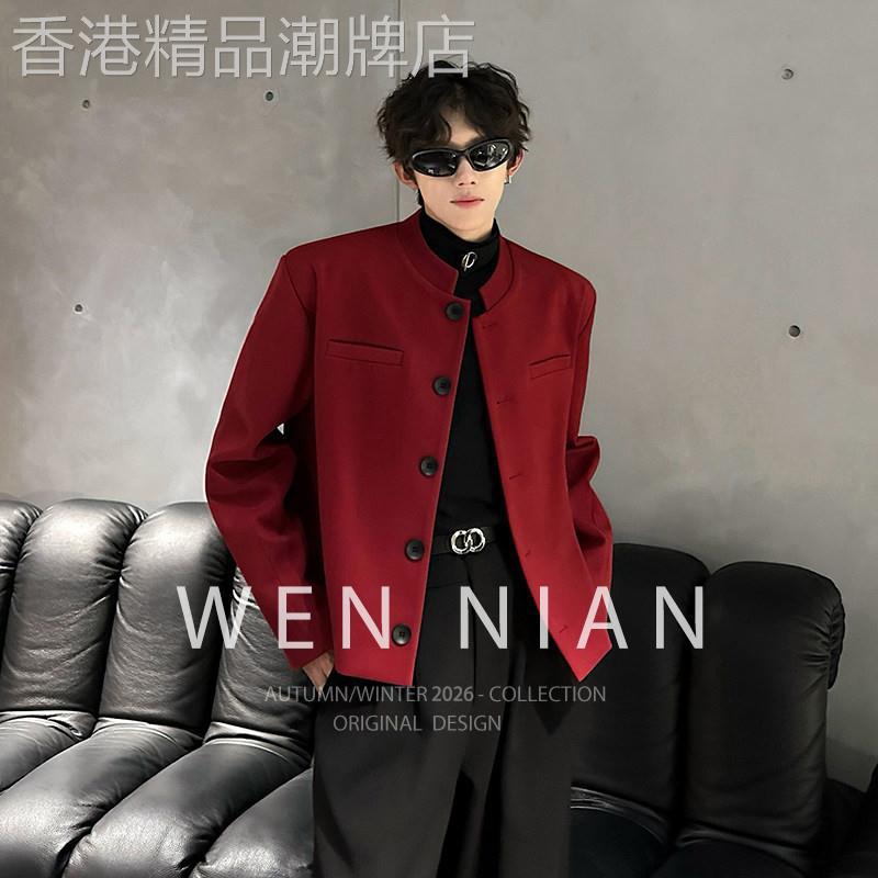 韩国WEN NIAN酒红色垫肩立领短款西装外套男2026春季痞帅夹克西服