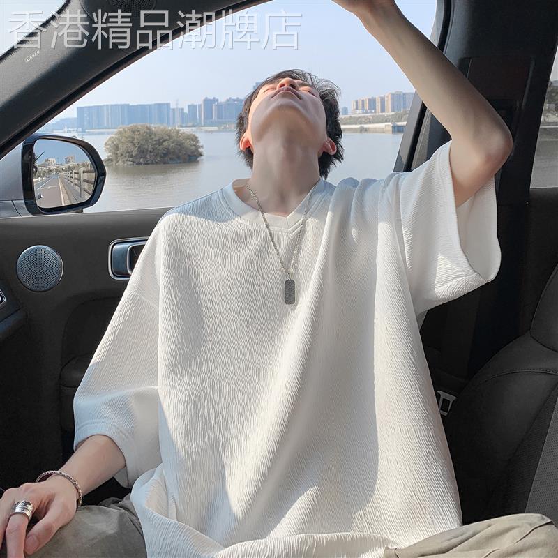 肌理感V领冰丝短袖t恤男夏季薄款美式宽松潮流痞帅五分袖上衣T恤