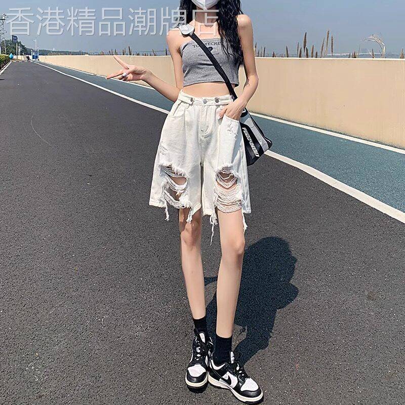 潮牌高腰阔腿牛仔短裤女夏季宽松设计感A字辣妹破洞直筒五分五分