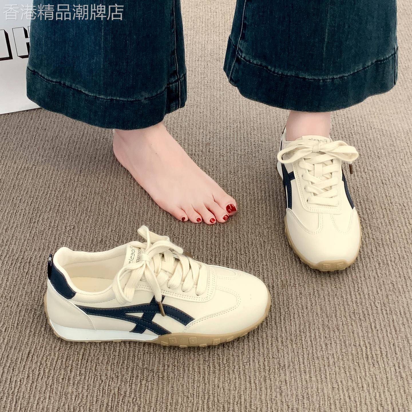 香港真皮厚底德训鞋女2025秋冬新款超火爆款软底休闲运动阿甘板鞋