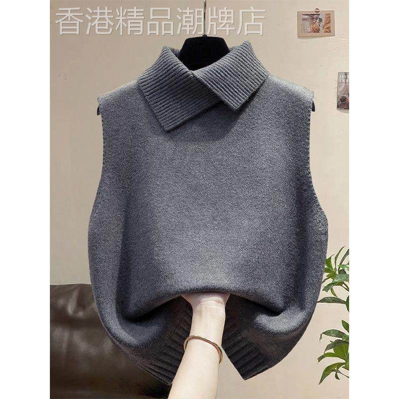 灰色翻领针织背心马甲女秋冬2025新款设计感叠穿无袖坎肩毛衣马夹