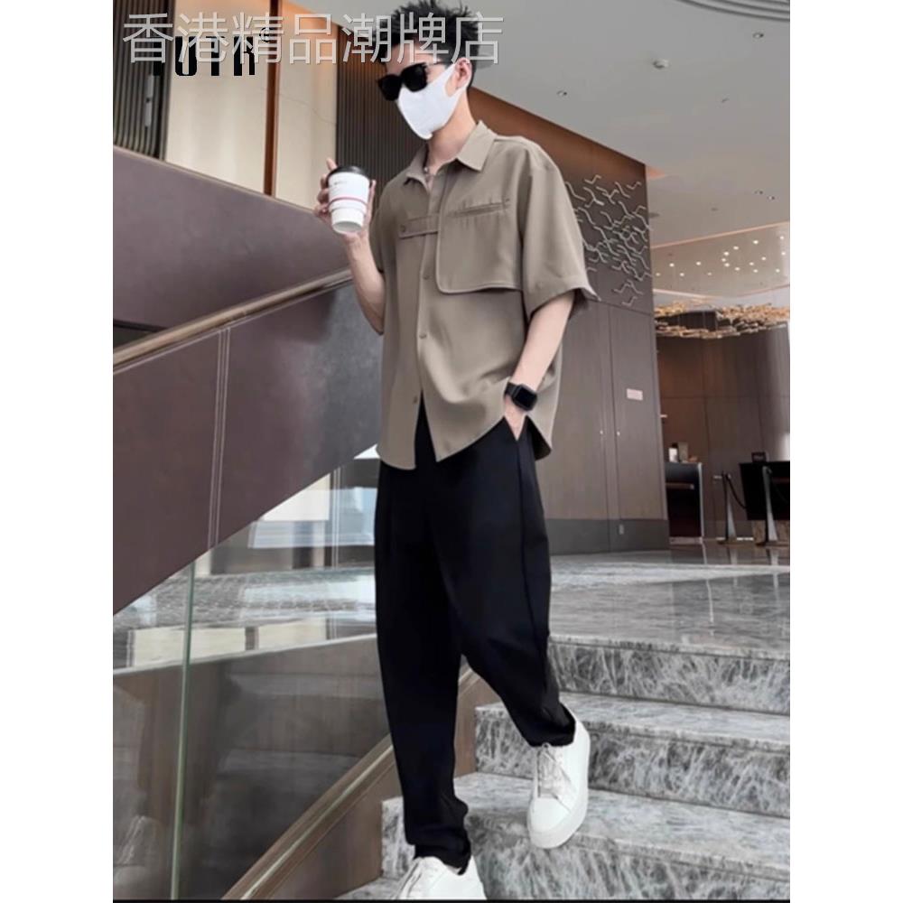 冰丝休闲套装男士2025新款夏季高级感痞帅短袖衬衫男装搭配一整套