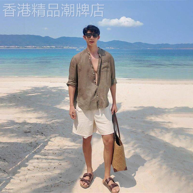 轻奢复古老钱风防晒衬衣男士2026夏季薄款立领亚麻长袖衬衫外套潮