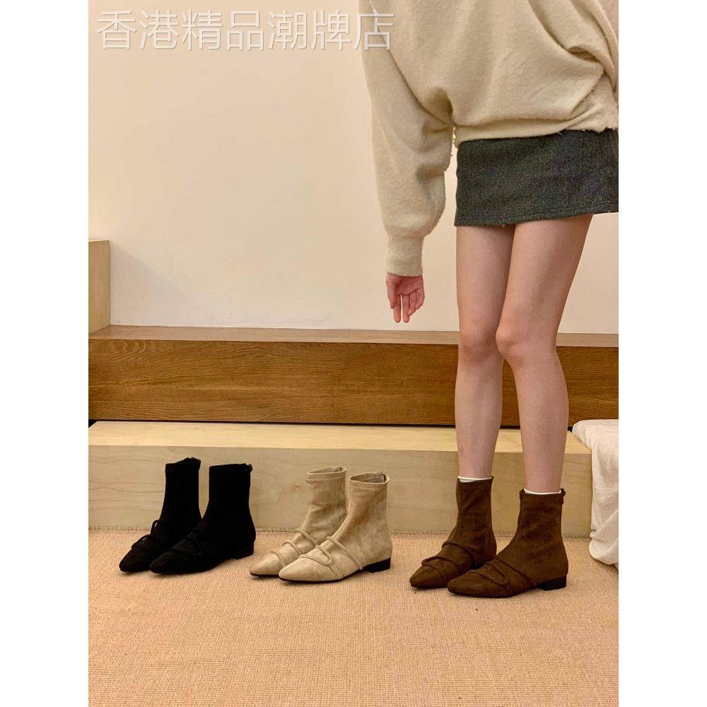 潮牌内增高覆古绒面短筒靴子女秋冬季咖色美拉德瘦瘦靴尖头小裸靴