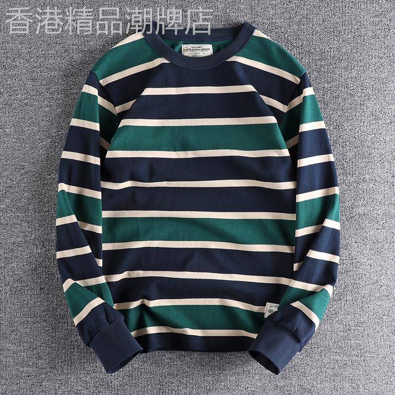 代购潮牌春秋美式覆古流行休闲青年海魂衫舒适条纹圆领长袖T恤男