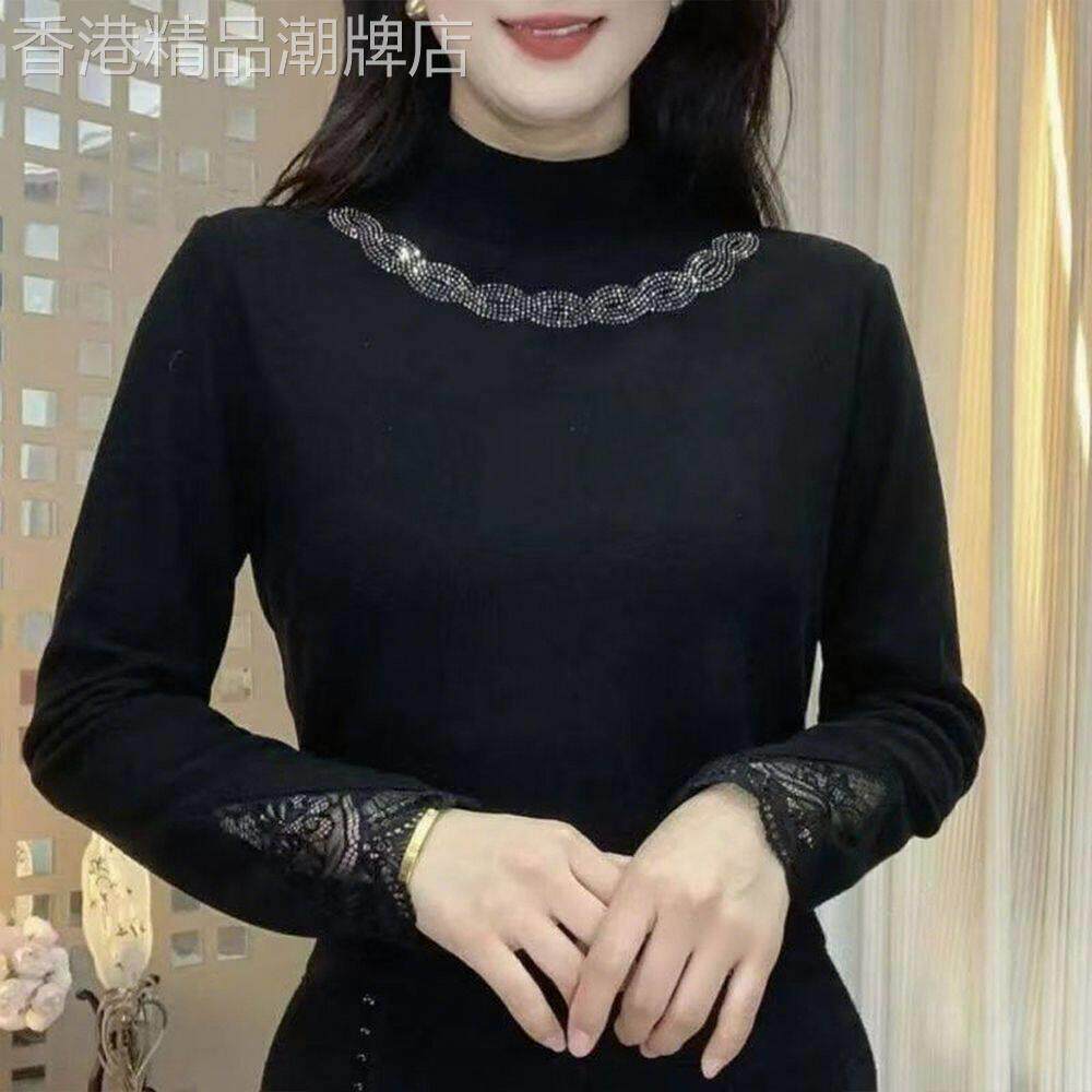 韩国2025春秋新款德绒洋气轻奢网纱蕾丝袖半高领烫钻长袖打底衫女