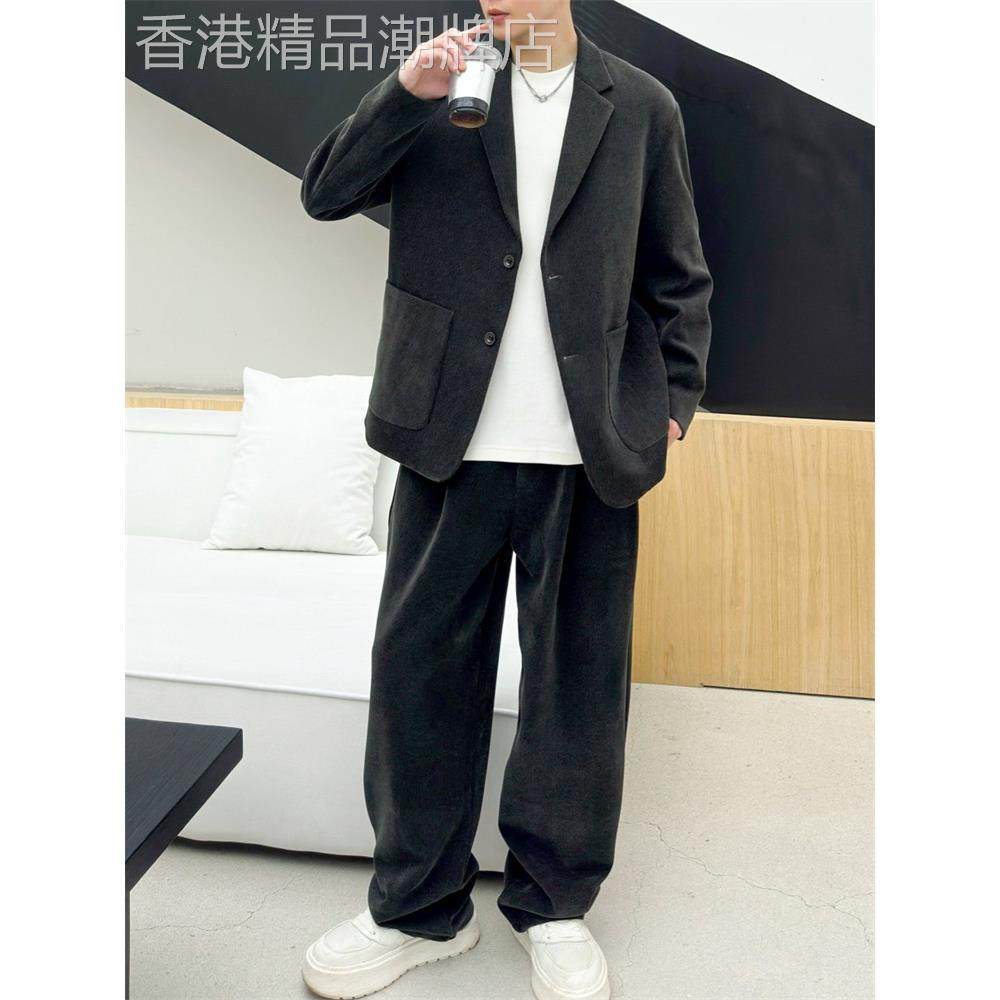 高端男士新款灯芯绒西装套装2025秋冬韩版斜纹绒休闲西服宽松外套