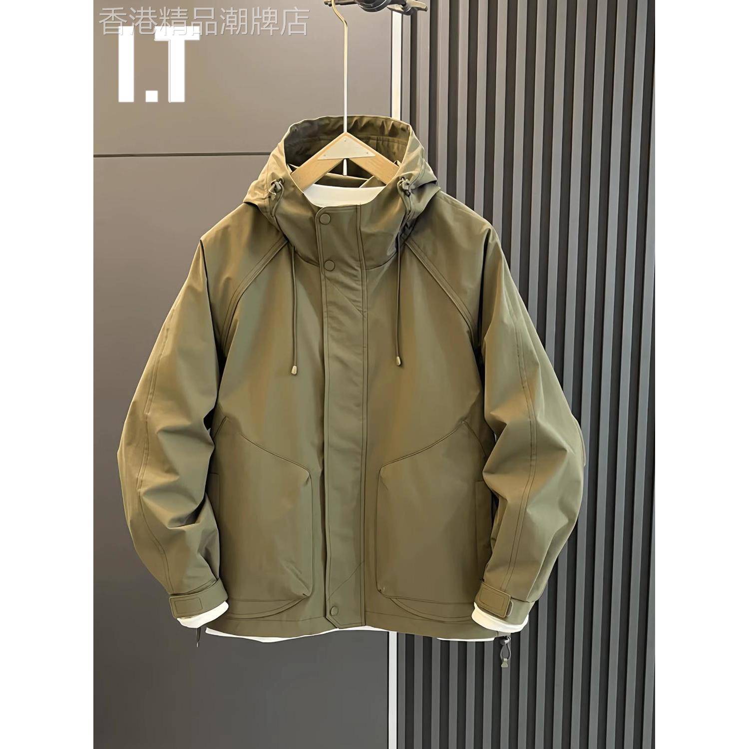 潮牌春秋款连帽外套男士休闲百搭工装夹克风衣运动简约户外冲锋衣