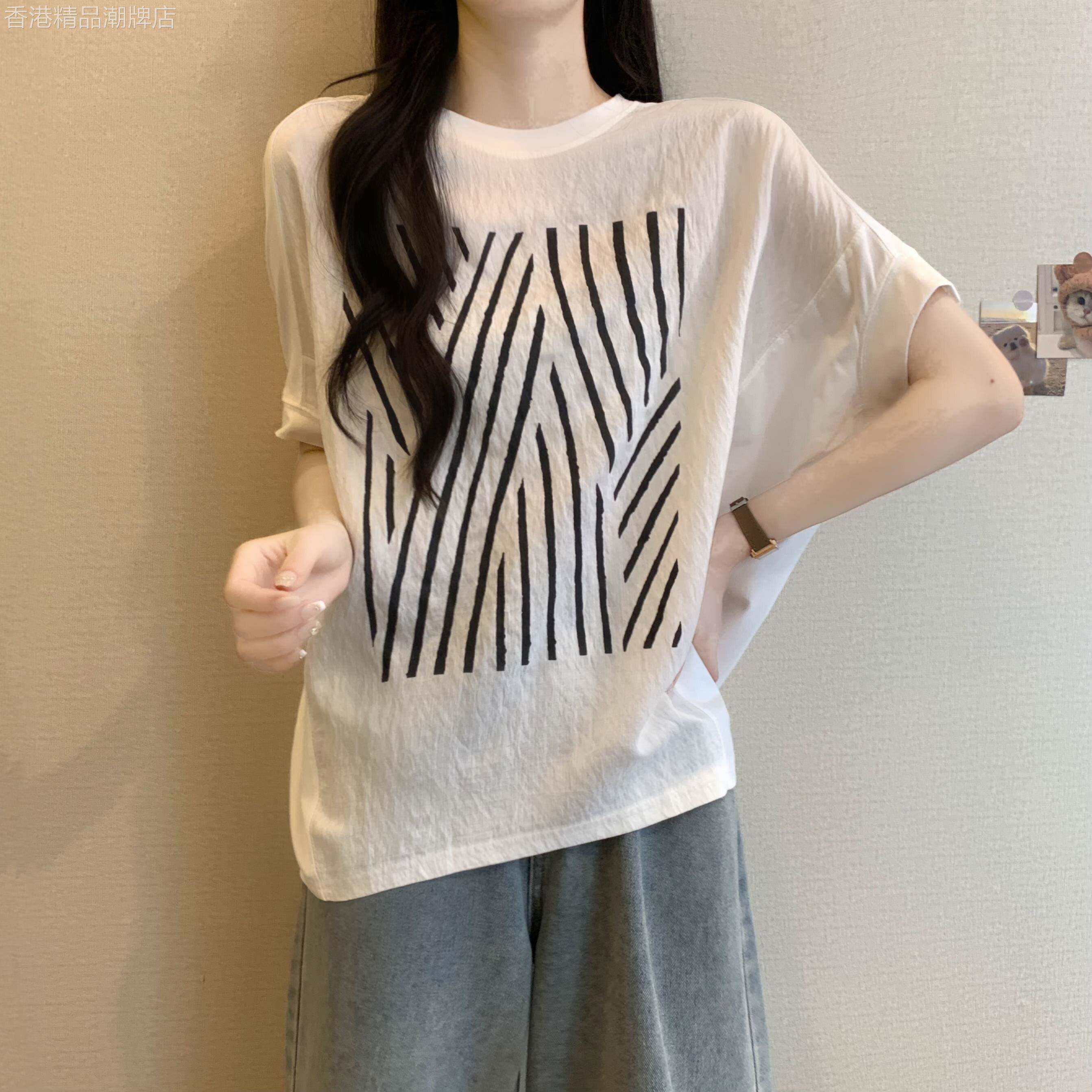 蝙蝠袖正肩短袖T恤女士夏季薄款大尺码宽松显瘦胖mm遮肚针织上衣
