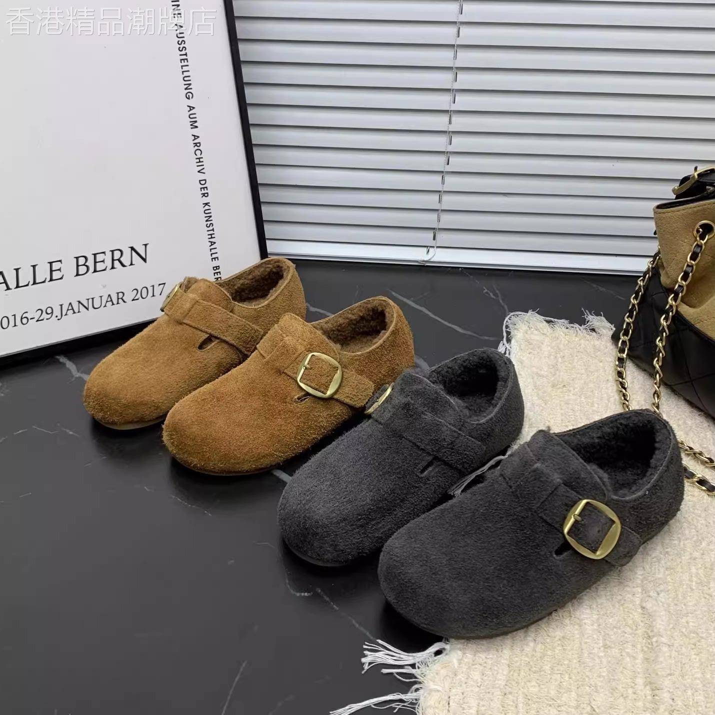 复古磨砂加绒勃肯鞋秋冬女保暖单鞋百搭英伦风一脚蹬舒适毛毛鞋