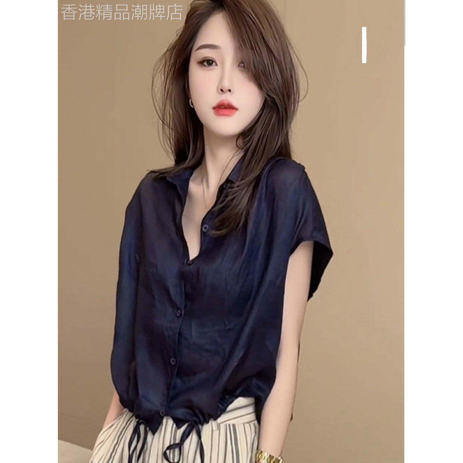 桑蚕丝女士短袖衬衫,夏季优雅,薄,宽松,修身,高端设计,小众