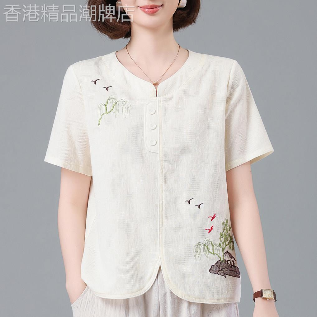 短袖T恤女夏装纯棉气质新款时尚妈妈国风简约文艺宽松透气薄上衣