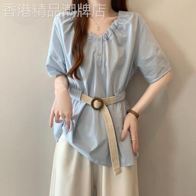 正肩短袖衬衫女夏季新款大尺码胖mm复古设计感麻绳收腰V领中袖上