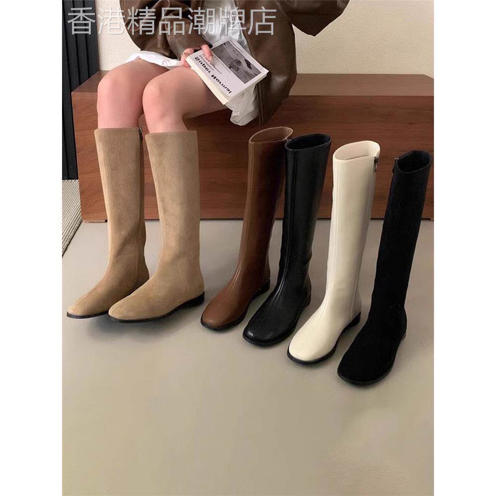香港覆古卡其色长筒靴女2025秋冬新款不过膝圆头平底绒面高筒长靴