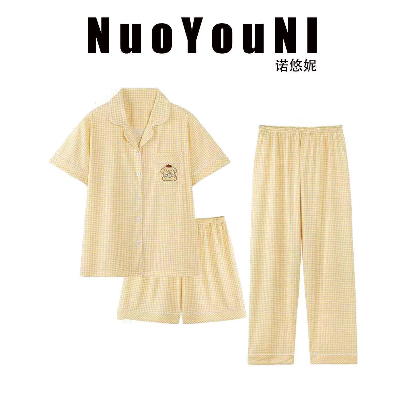 2026新款三件套睡衣女棉质夏季薄款格子小狗短袖大码家居服可外穿