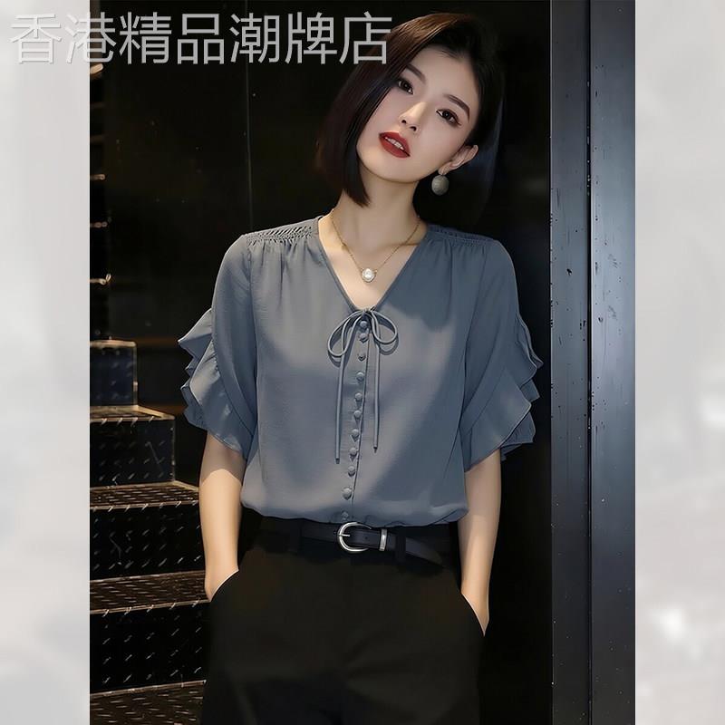 别致V领雪纺衫复古女夏季2026年新款漂亮显瘦上衣减龄洋气短袖T恤