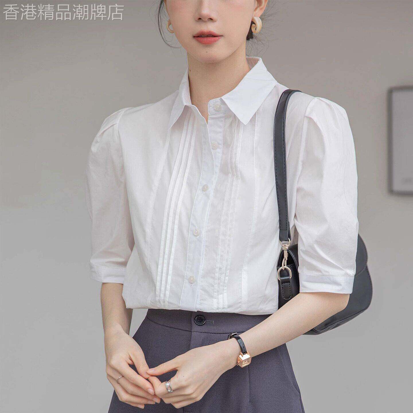 法式纯棉白色短袖衬衫女2026年夏季新款设计感气质通勤泡泡袖衬衫