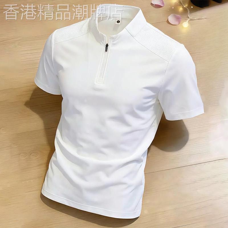潮牌白色半拉链小领口短袖t恤男士夏季透气网眼速干运动羽毛球服