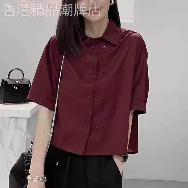 设计感不规则短袖衬衫女2025夏季新款酒红色大码轻薄气质短款上衣