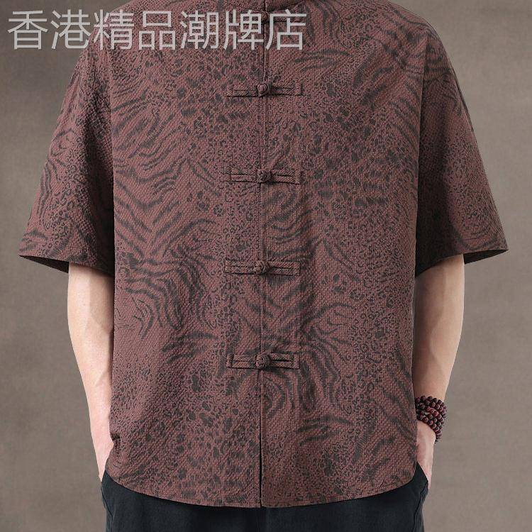 夏季薄款印花唐装男盘扣短袖衬衫新中式复古暗纹立领半袖茶服上衣