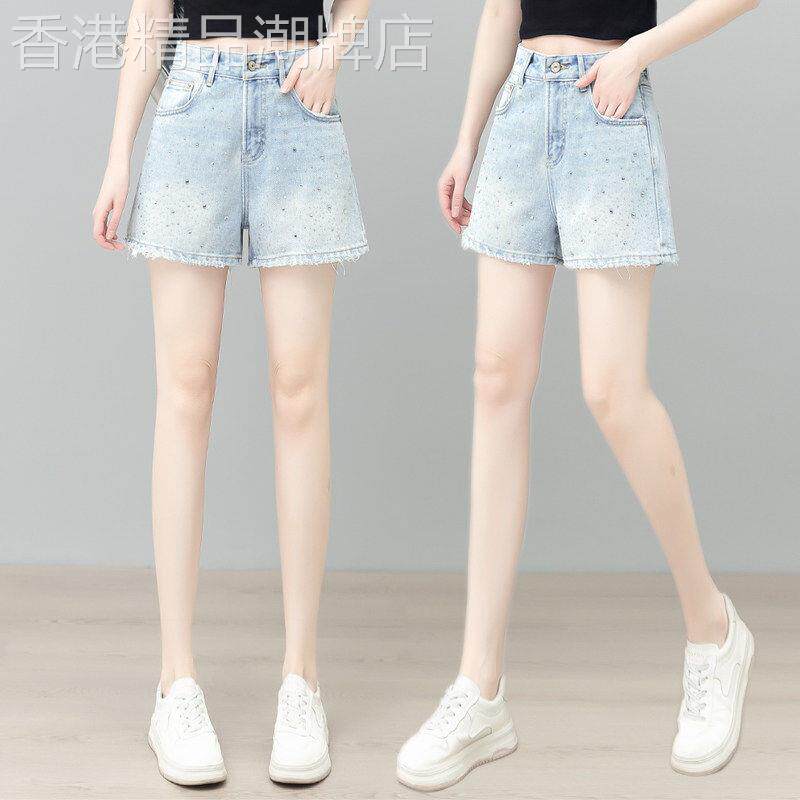 高腰牛仔短裤女夏薄款时尚重工烫钻毛边直筒显瘦休闲百搭阔腿裤子